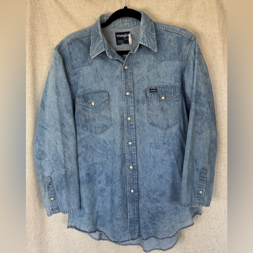Vintage Wrangler Faded Distressed Denim Western Cowboy Shirt w/Pearl Snaps L